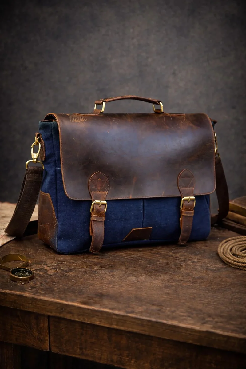 IndiFash - 11*15″ Handcrafted Canvas+ Goat Leather Laptop Bag (Brown) | 100% Genuine Leather