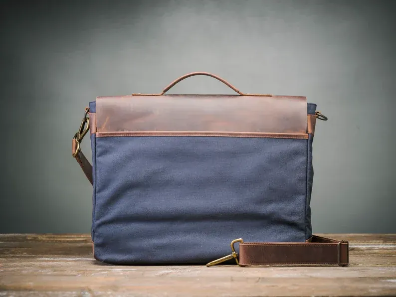 IndiFash - 11*15″ Handcrafted Canvas+ Goat Leather Laptop Bag (Brown) | 100% Genuine Leather thumbnail 2