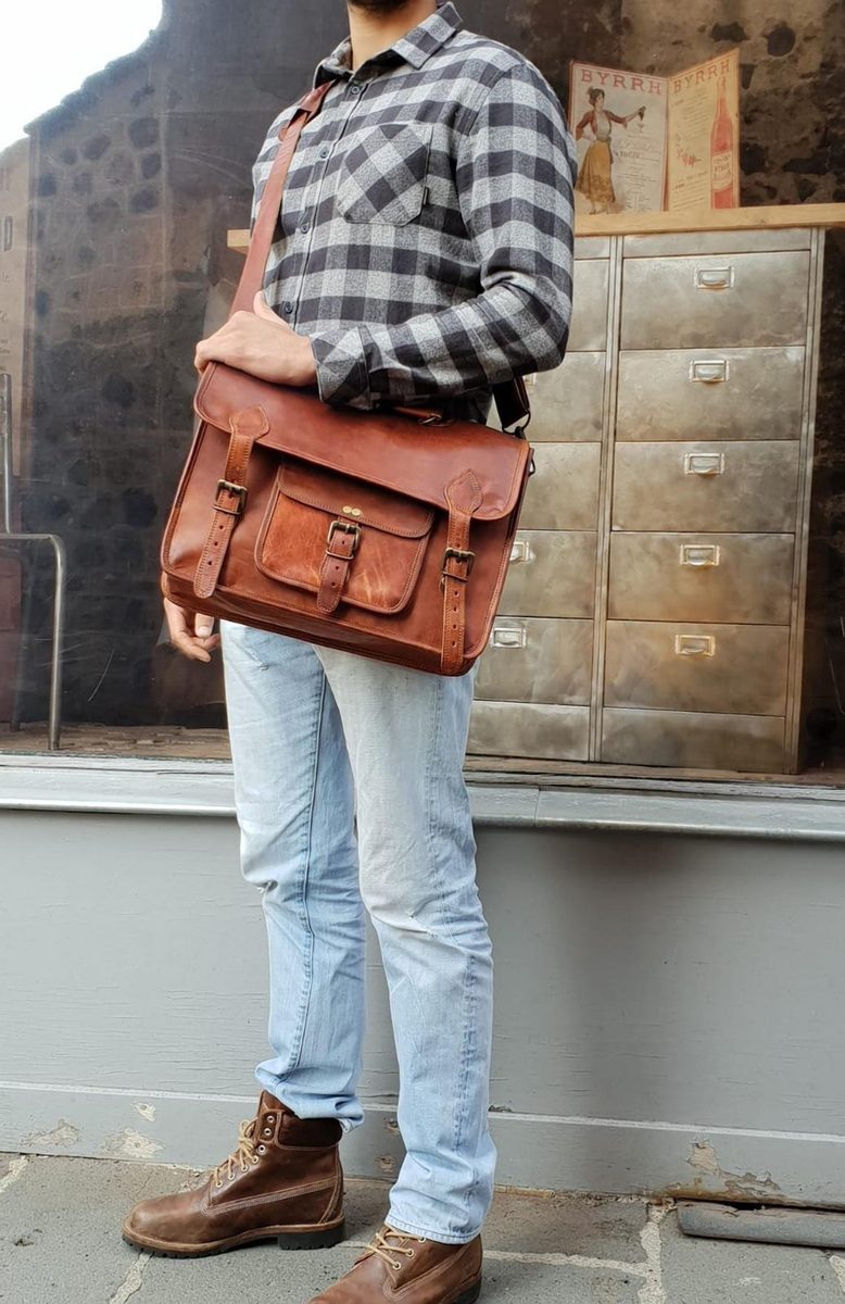 IndiFash - 13 inch Handcrafted Front Pocket Leather Bag for Unisex | 100% Genuine Leather thumbnail 4