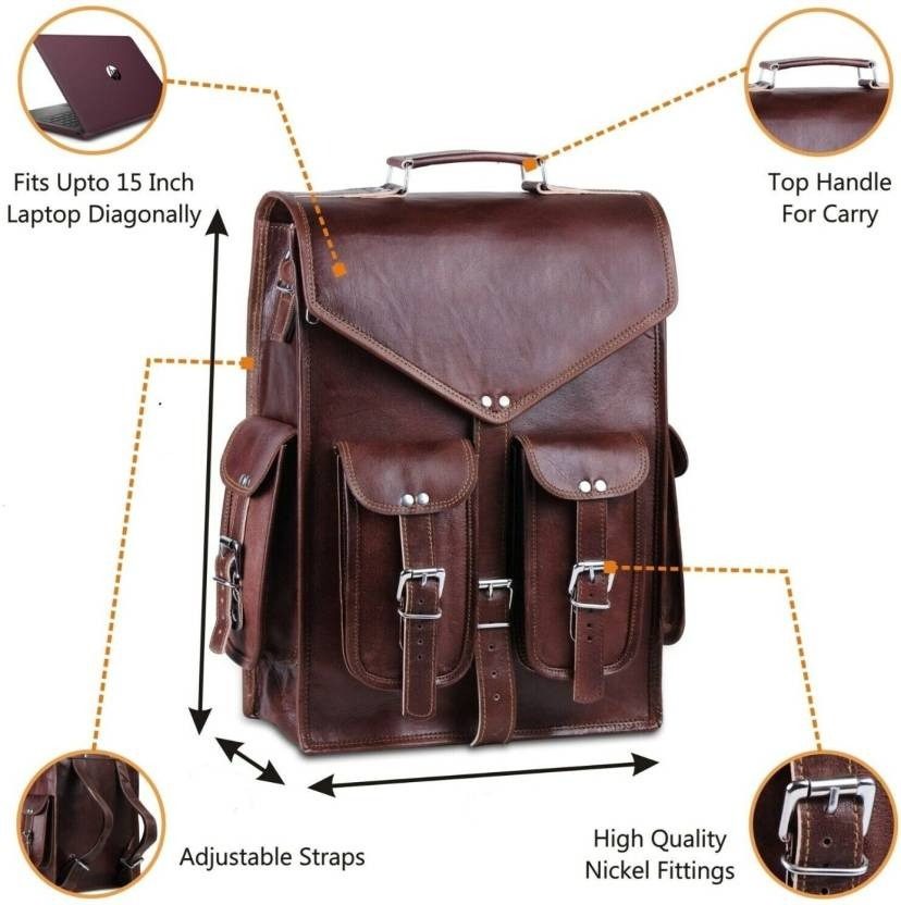 IndiFash - 12 x16 Inch 4 Pockets Dark Brown Handcrafted Leather Backpack | 100% Genuine Leather thumbnail 4