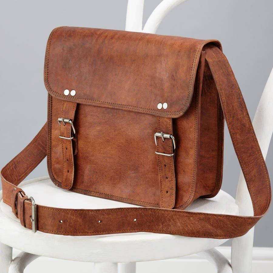 IndiFash - Vintage Double Strip Plain 10*13″ Handcrafted Goat Leather Laptop Bag | 100% Genuine Leather