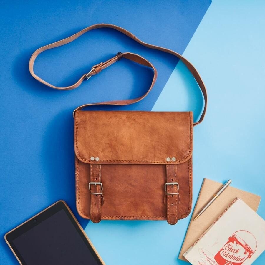 IndiFash - Vintage Double Strip Plain 10*13″ Handcrafted Goat Leather Laptop Bag | 100% Genuine Leather thumbnail 2