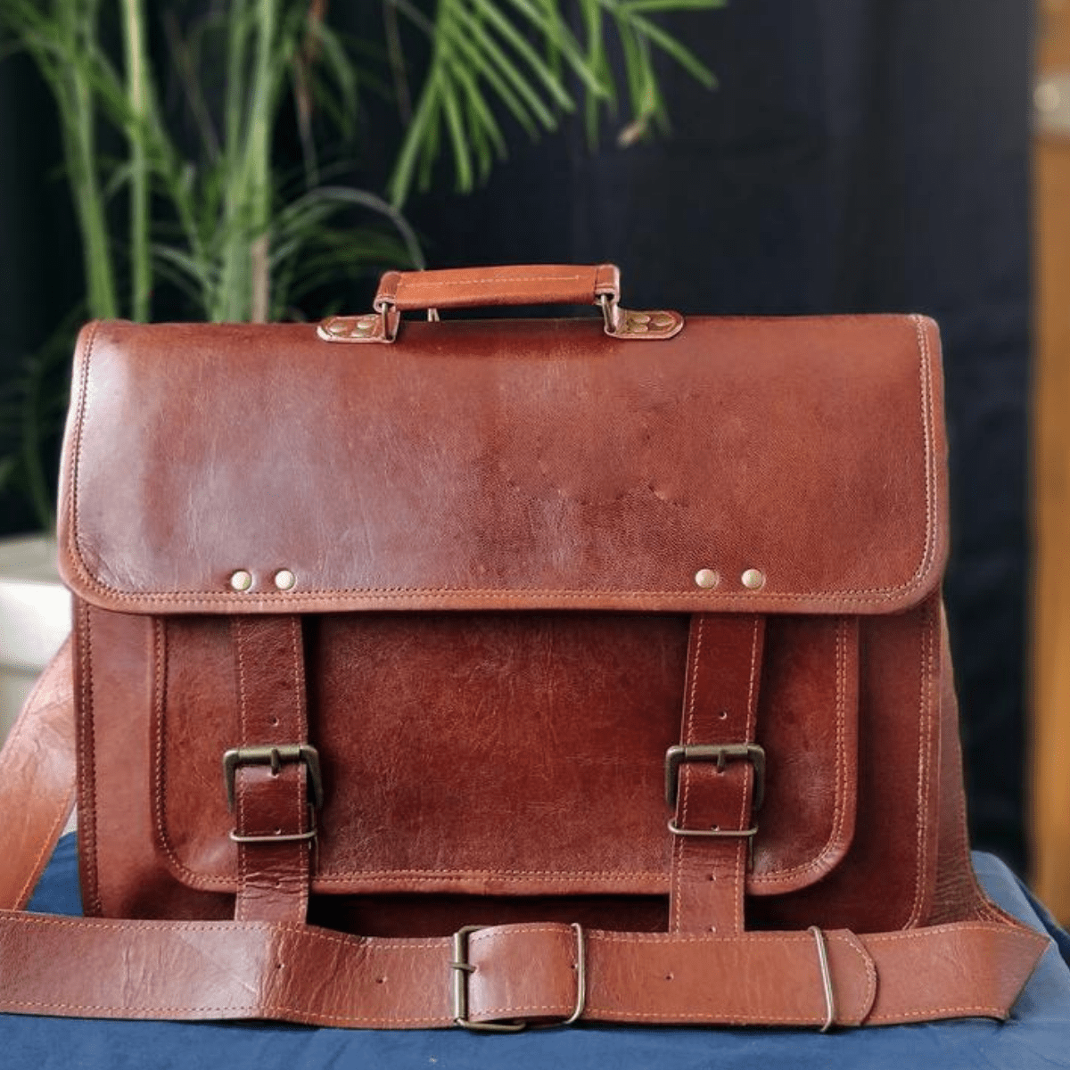 IndiFash - Double Strip Handcrafted Messenger Leather Bag (Brown) | 100% Genuine Leather