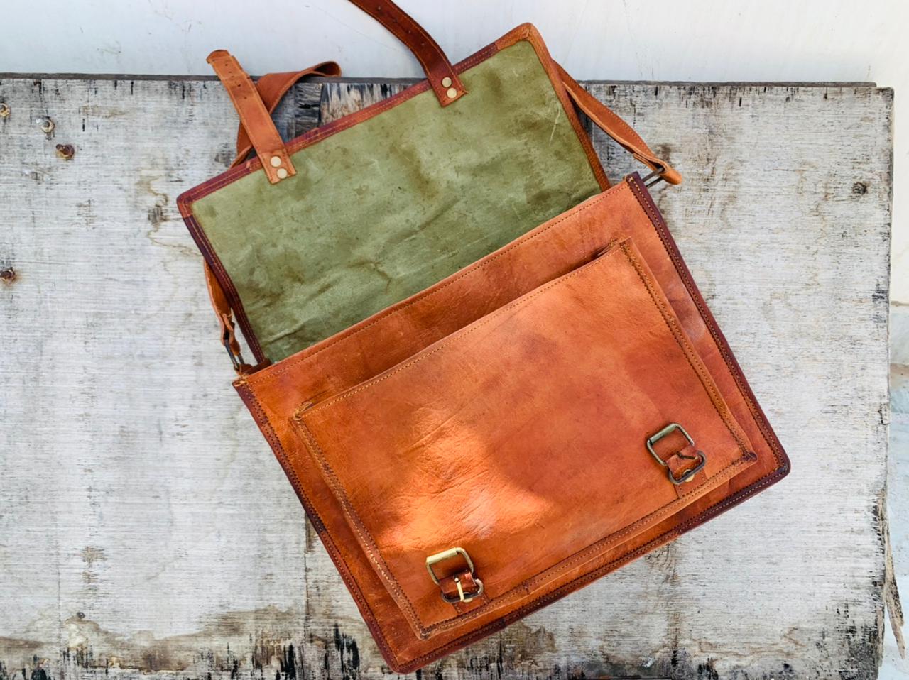 IndiFash - Double Strip Handcrafted Messenger Leather Bag (Brown) | 100% Genuine Leather thumbnail 3