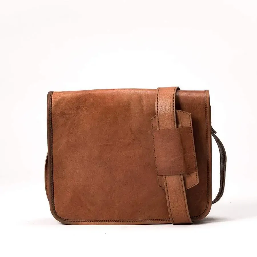 IndiFash - 11*15″ Half Flap Handcrafted Messenger Goat Leather Bag (Brown Tan) | 100% Genuine Leather