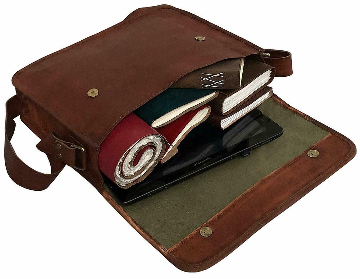 IndiFash - 11*15″ Half Flap Handcrafted Messenger Goat Leather Bag (Brown Tan) | 100% Genuine Leather thumbnail 2