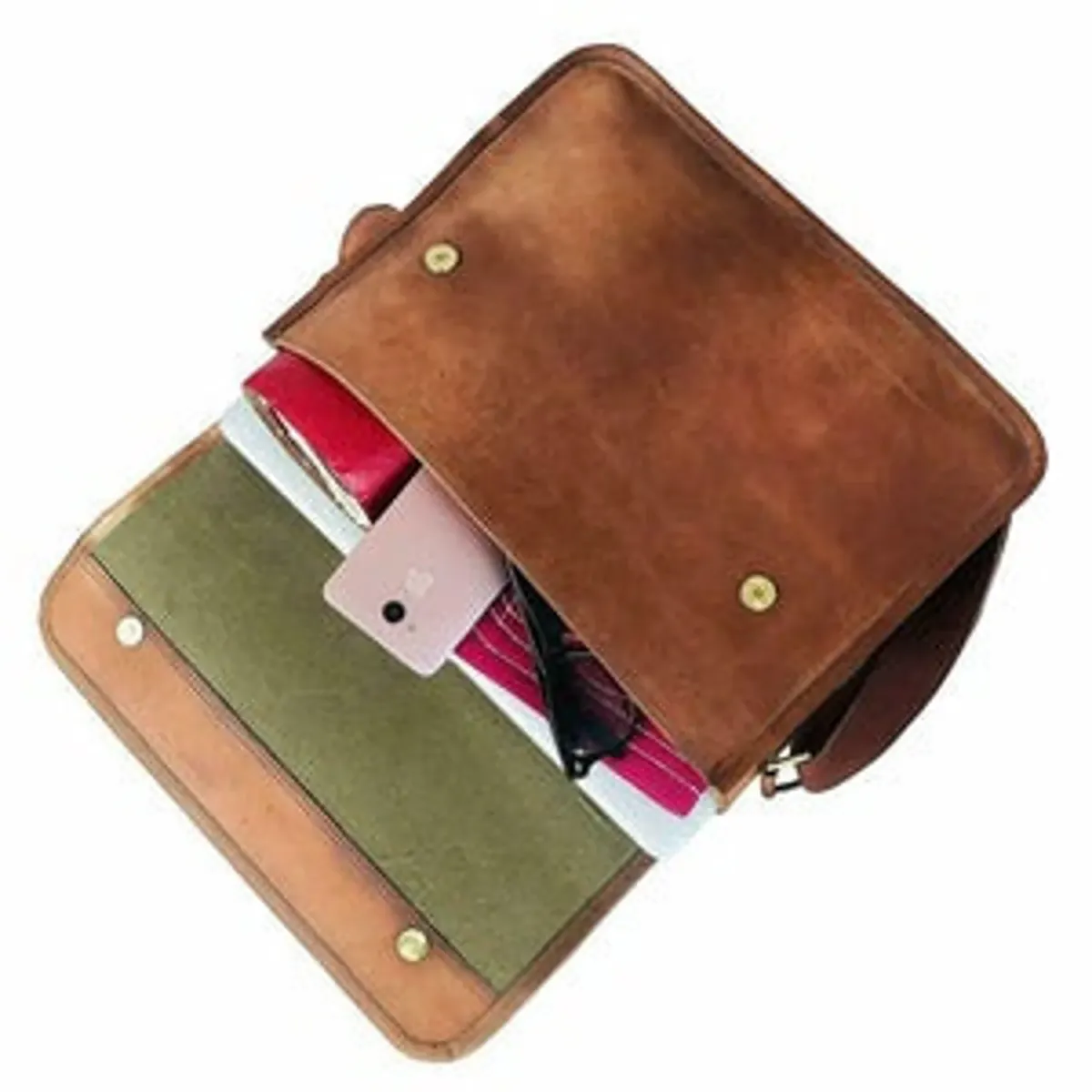 IndiFash - 11*15″ Half Flap Handcrafted Messenger Goat Leather Bag (Brown Tan) | 100% Genuine Leather thumbnail 4