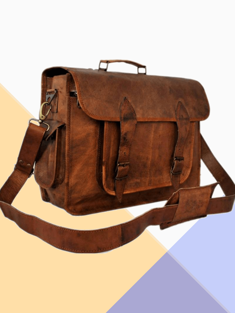 IndiFash - Big Pocket Two Side Pockets 16″12 Handcrafted Leather Laptop Bag | 100% Genuine Leather