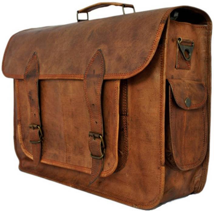 IndiFash - Big Pocket Two Side Pockets 16″12 Handcrafted Leather Laptop Bag | 100% Genuine Leather thumbnail 2