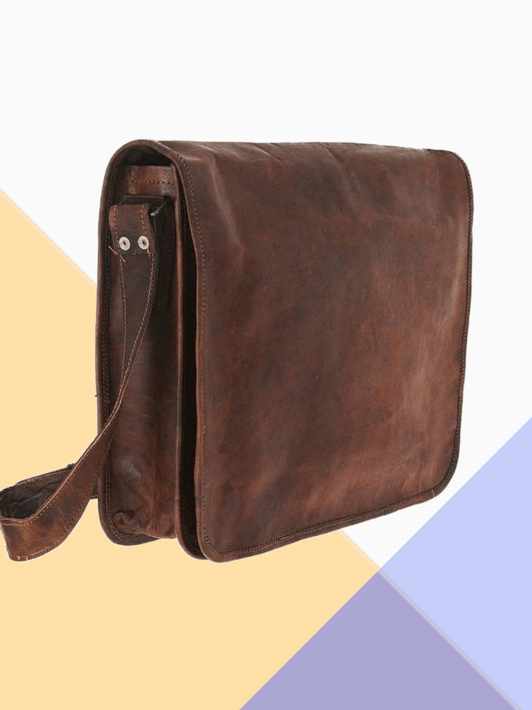 IndiFash - 16″12 Dark Brown Vintage Handcrafted Leather Laptop Bag without Pocket | 100% Genuine Leather