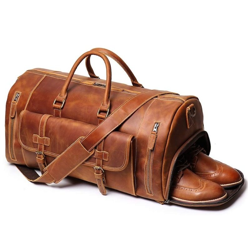 IndiFash: 20 inch Buffalo Leather Duffle Bag with Shoes Compartment| 100% Genuine Leather thumbnail 2