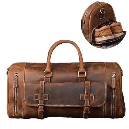 24 inch Buffalo Leather Duffle Bag with Shoes Compartment