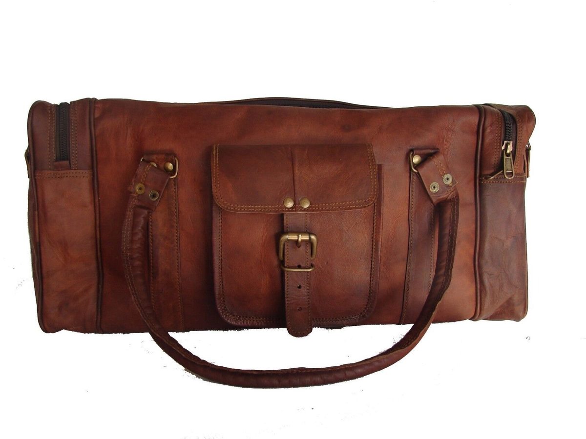 IndiFash - 22 Inch 3 Compartments (Expandable) Handcrafted Duffle Goat Leather Bag (Brown) | 100% Genuine Leather
