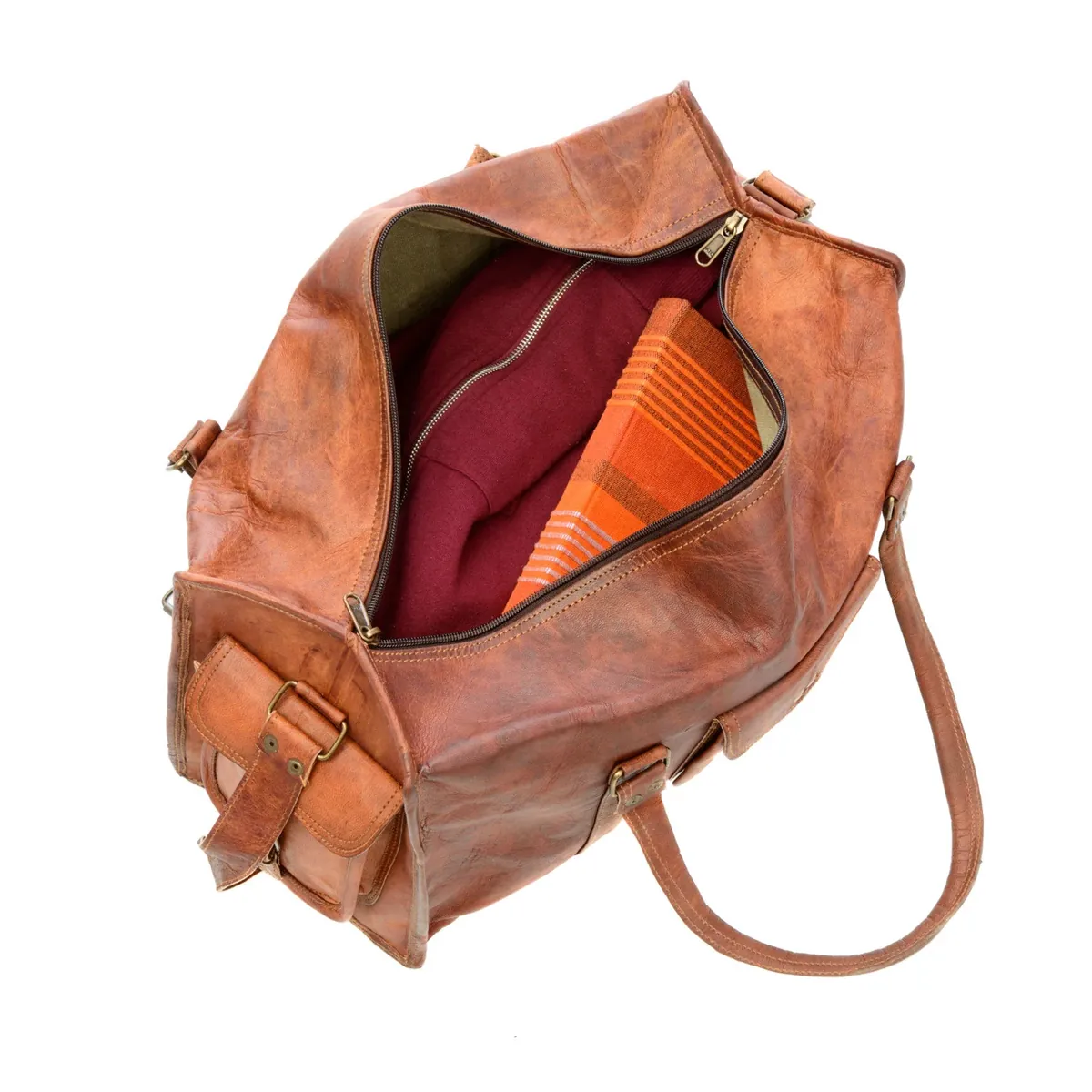 IndiFash - 22 Inches 4 Edges Handcrafted Duffle Goat Leather Bag | 100% Genuine Leather Bag thumbnail 2