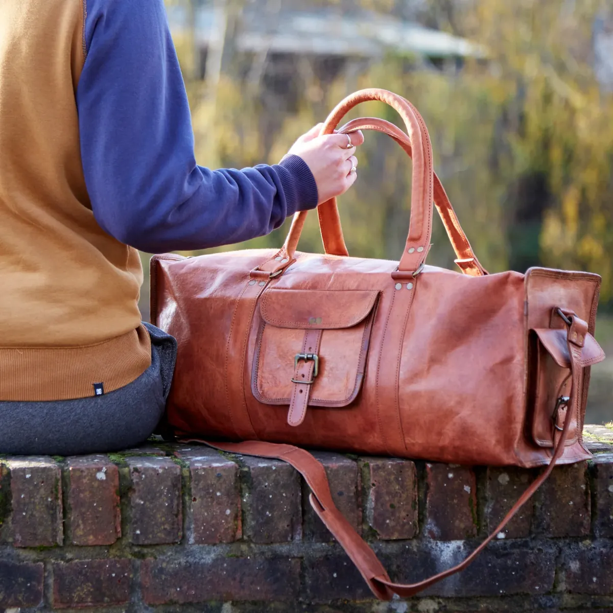 IndiFash - 22 Inches 4 Edges Handcrafted Duffle Goat Leather Bag | 100% Genuine Leather Bag thumbnail 5