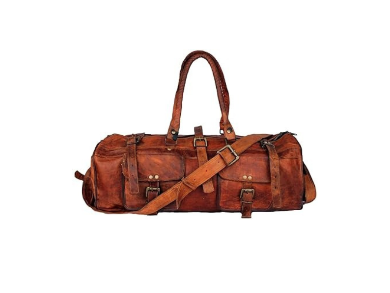 IndiFash - 3 Outer Pockets 24″ (Expandable) Edge Handcrafted Duffle Goat Leather Bag | 100% Genuine Leather
