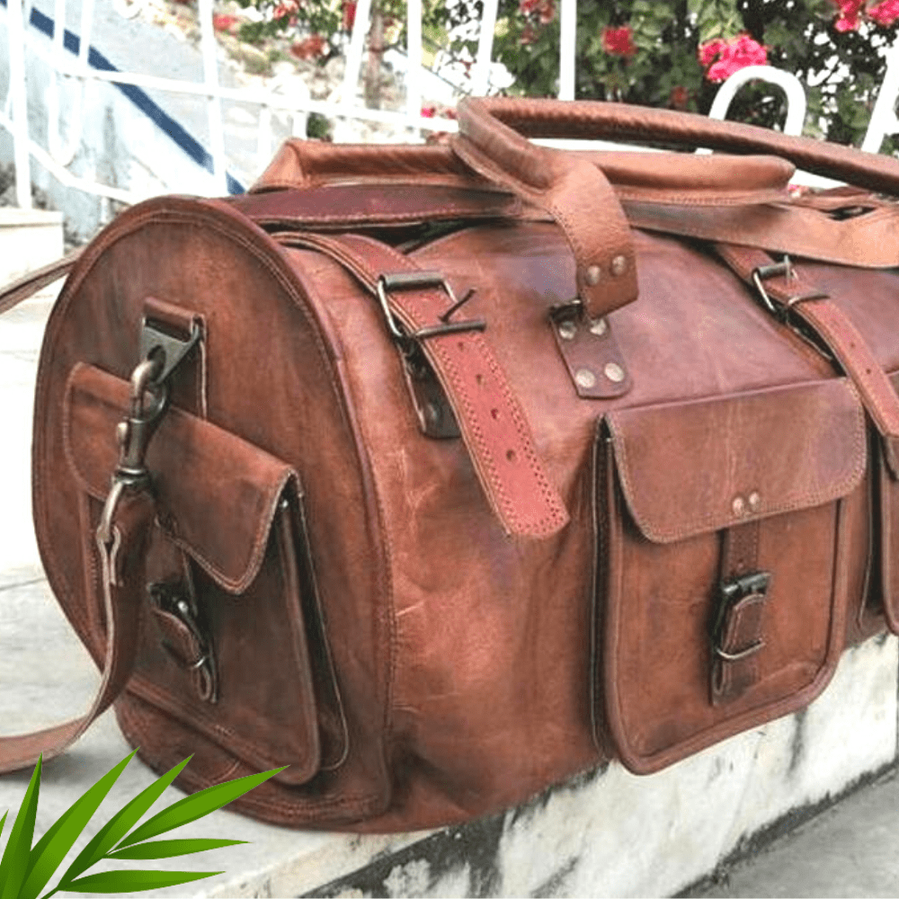 IndiFash - 3 Outer Pockets 24″ (Expandable) Edge Handcrafted Duffle Goat Leather Bag | 100% Genuine Leather thumbnail 2