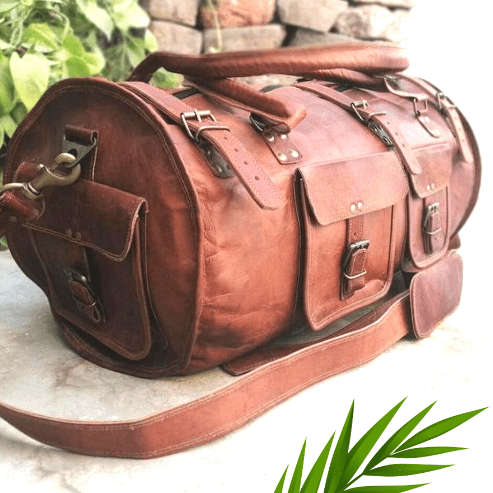 IndiFash - 3 Outer Pockets 24″ (Expandable) Edge Handcrafted Duffle Goat Leather Bag | 100% Genuine Leather thumbnail 3