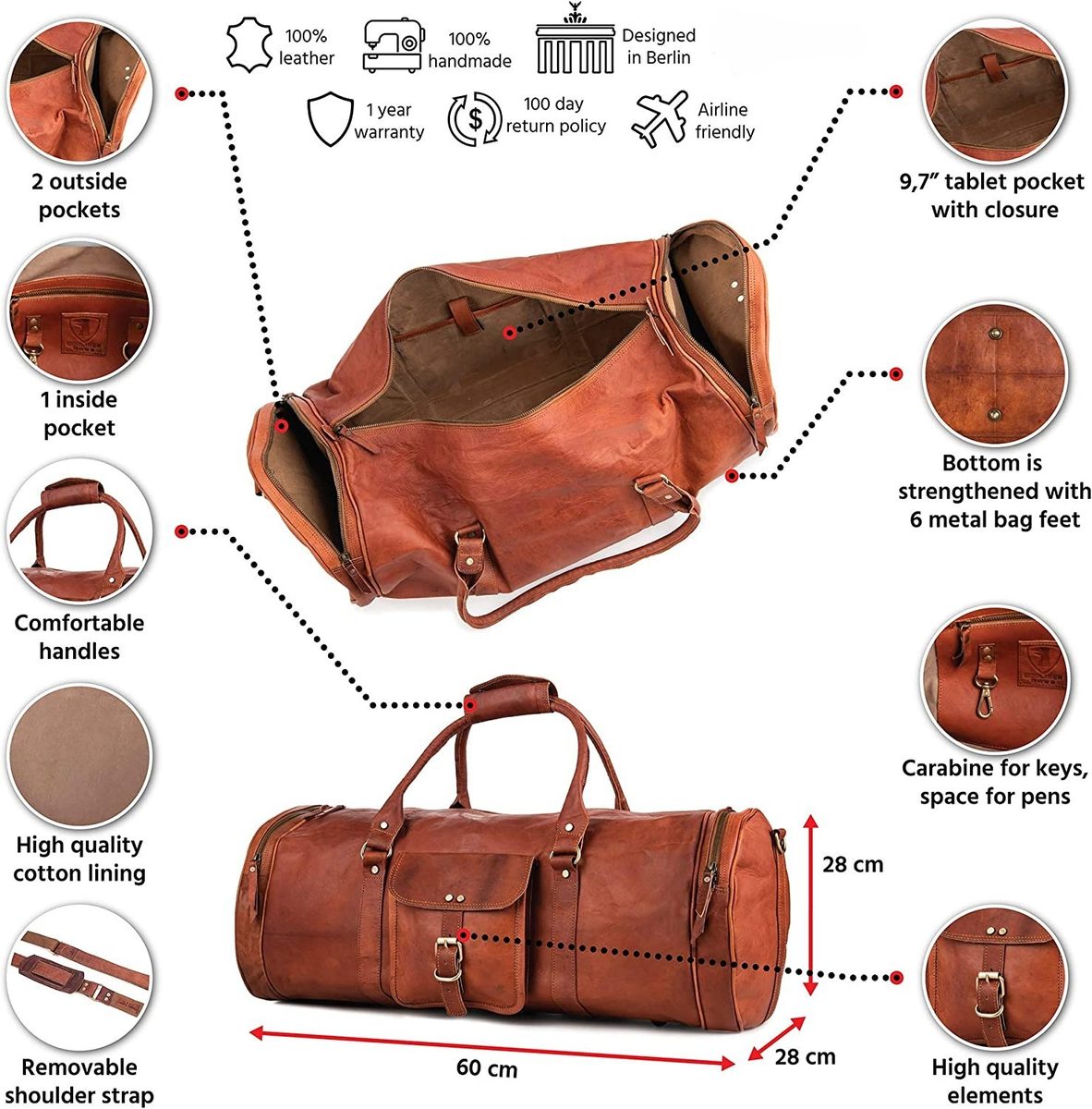 IndiFash - Handcrafted 28″ Curved Duffle Leather Bag | 100 Genuine Leather thumbnail 3