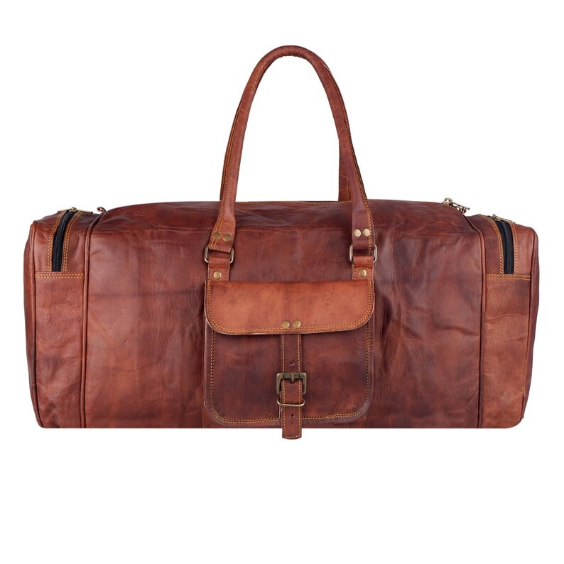 IndiFash - 20 Inch 3 Outer Pockets (Expandable) Edge Handcrafted Duffle Goat Leather Bag | 100% Genuine Leather