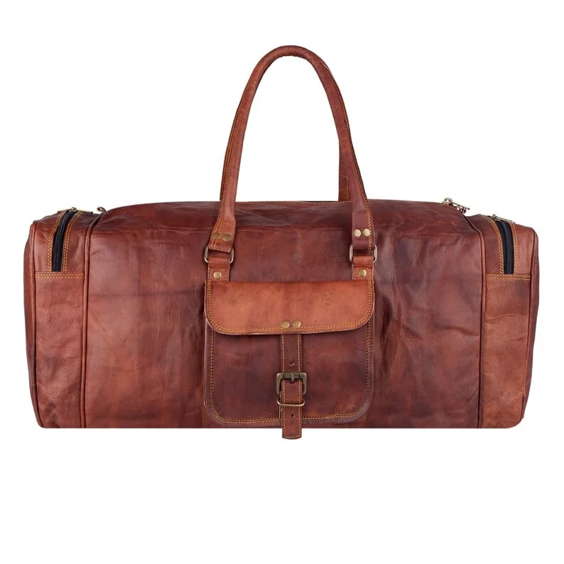 IndiFash - 20 Inch 3 Outer Pockets (Expandable) Edge Handcrafted Duffle Goat Leather Bag | 100% Genuine Leather