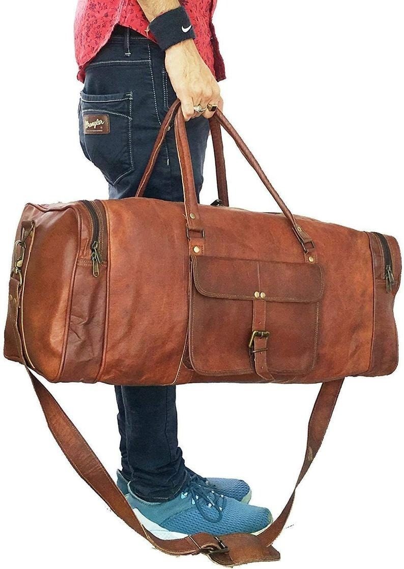 IndiFash - 20 Inch 3 Outer Pockets (Expandable) Edge Handcrafted Duffle Goat Leather Bag | 100% Genuine Leather thumbnail 2