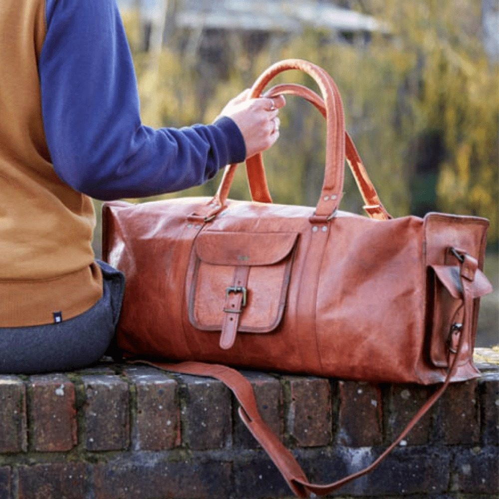 IndiFash - 20 Inch 3 Outer Pockets (Expandable) Edge Handcrafted Duffle Goat Leather Bag | 100% Genuine Leather thumbnail 3