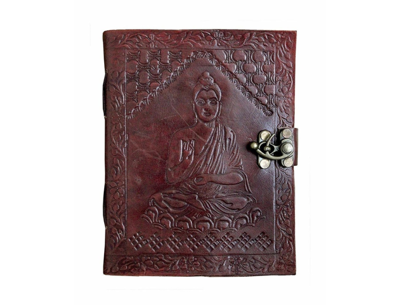 IndiFash - Metal Lock Brown Engraved Gautam Buddha Design 7″5 Handcrafted Leather Journal/Diary 100 page | 200% Genuine Leather