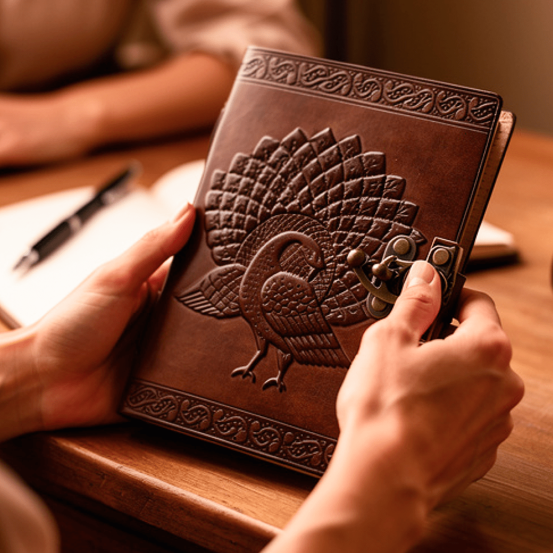 IndiFash - Metal Lock Brown Engraved Peacock Design 7″5 Handcrafted Leather Journal/Diary 200 page | 100% Genuine Leather