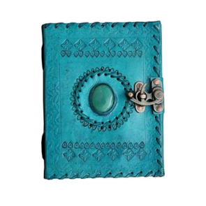 IndiFash - Metal Lock Single Stone Aqua Blue Embossed Design 7″5 Handcrafted Leather Journal/Diary 200 page | 100% Genuine Leather