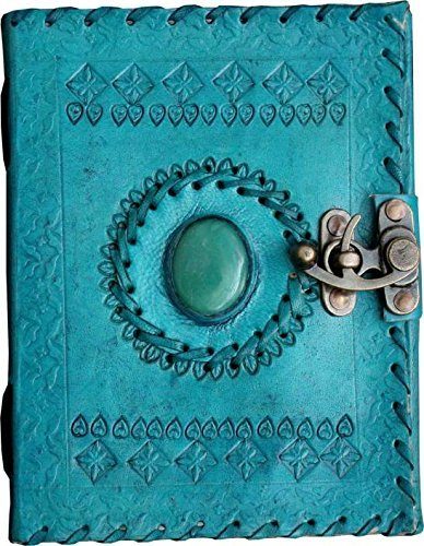 IndiFash - Metal Lock Single Stone Aqua Blue Embossed Design 7″5 Handcrafted Leather Journal/Diary 200 page | 100% Genuine Leather thumbnail 3