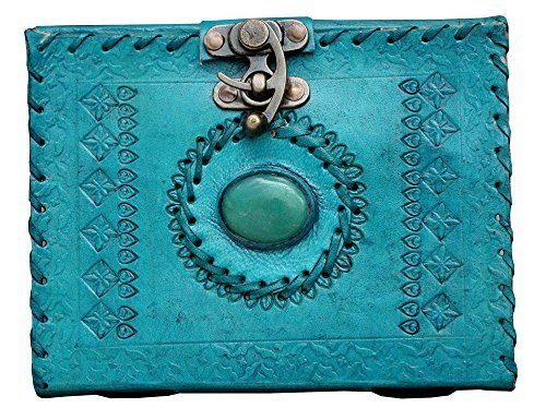 IndiFash - Metal Lock Single Stone Aqua Blue Embossed Design 7″5 Handcrafted Leather Journal/Diary 200 page | 100% Genuine Leather thumbnail 4