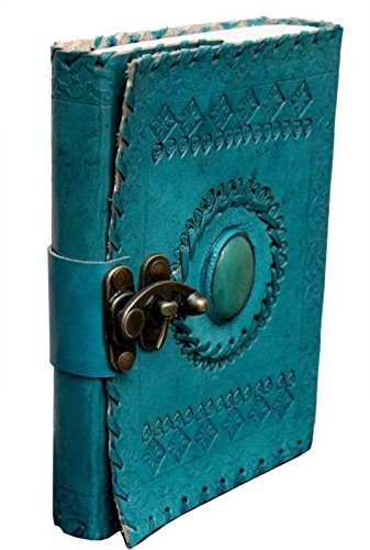 IndiFash - Metal Lock Single Stone Aqua Blue Embossed Design 7″5 Handcrafted Leather Journal/Diary 200 page | 100% Genuine Leather thumbnail 5