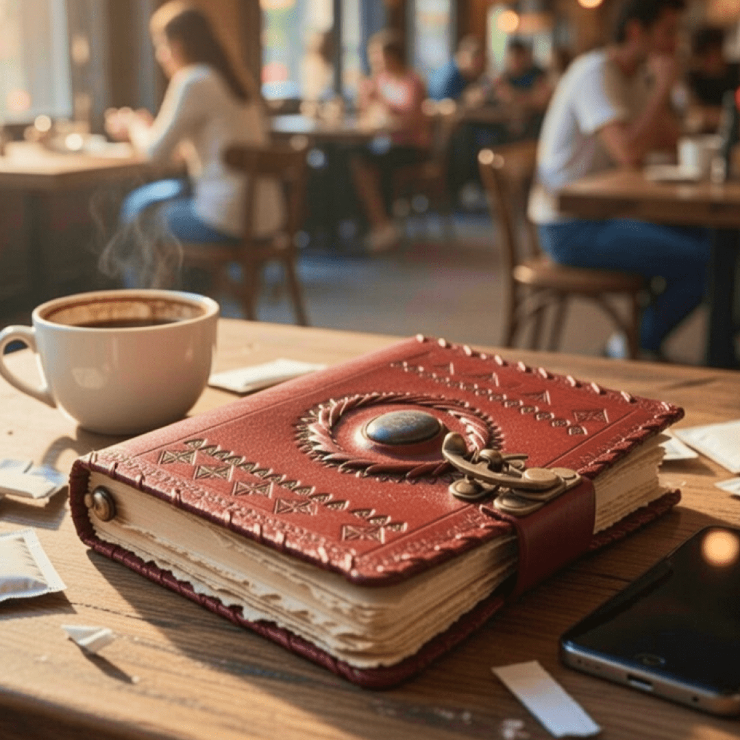IndiFash - Metal Lock Single Stone Brown Embossed Design 7″5 Handcrafted Leather Journal/Diary 200 page | 100% Genuine Leather