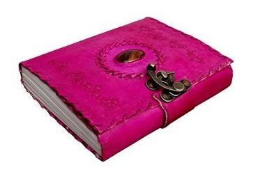 IndiFash - Metal Lock Single Stone Pink Embossed Design 7″5 Handcrafted Leather Journal/Diary 200 page | 100% Genuine Leather