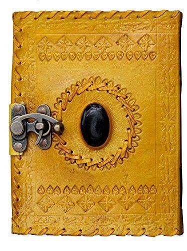 IndiFash - Metal Lock Single Stone Yellow Embossed Design 7″5 Handcrafted Leather Journal/Diary 100 page | 100% Genuine Leather thumbnail 3