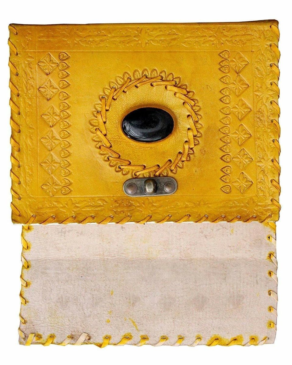 IndiFash - Metal Lock Single Stone Yellow Embossed Design 7″5 Handcrafted Leather Journal/Diary 100 page | 100% Genuine Leather thumbnail 4