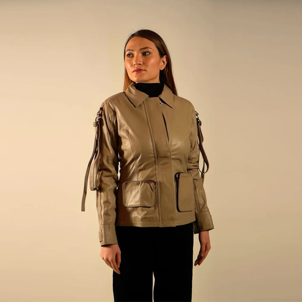 90 Feet Asha Loop Beige Leather Blazer Jacket for Women