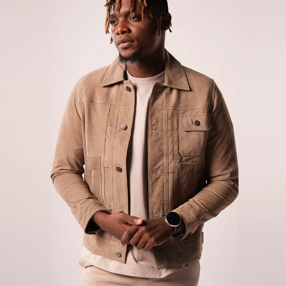 90 FEET Dev Suede Mens Trucker Olive Jacket