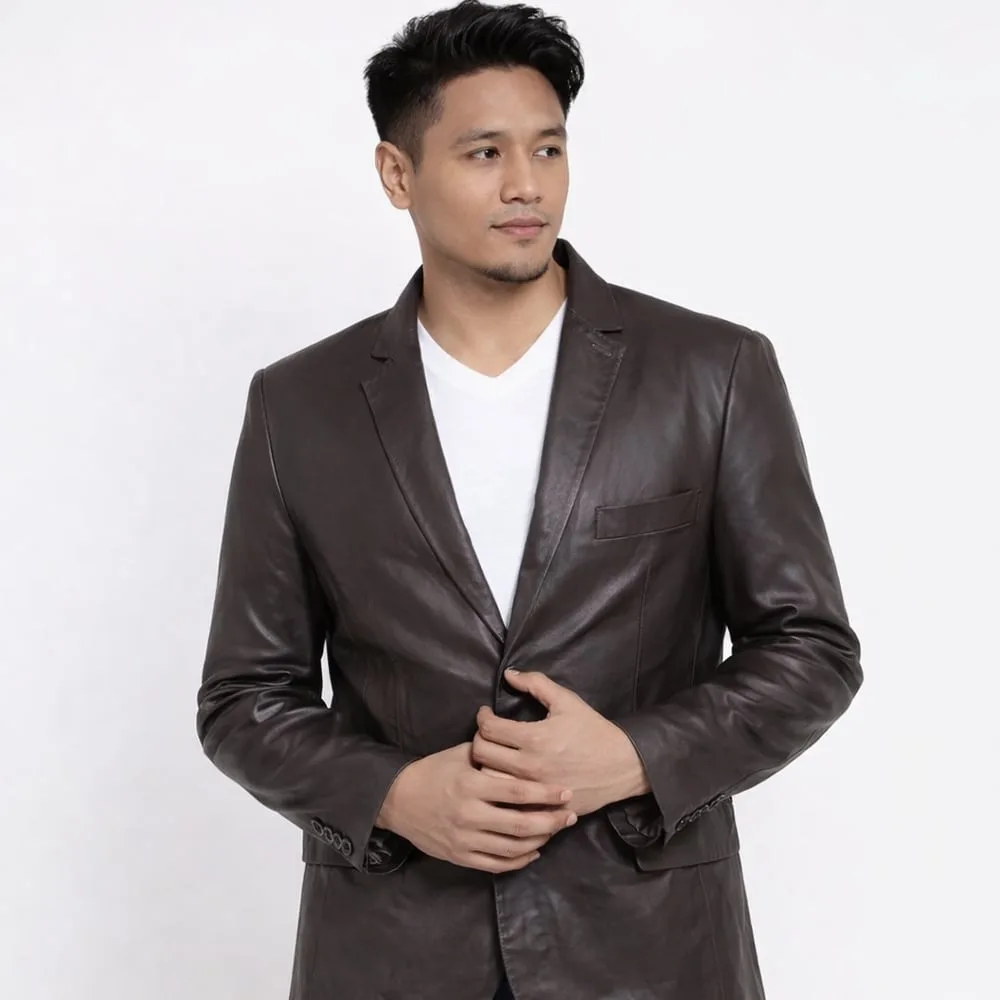 Adit Brown Genuine Leather Blazer for Men