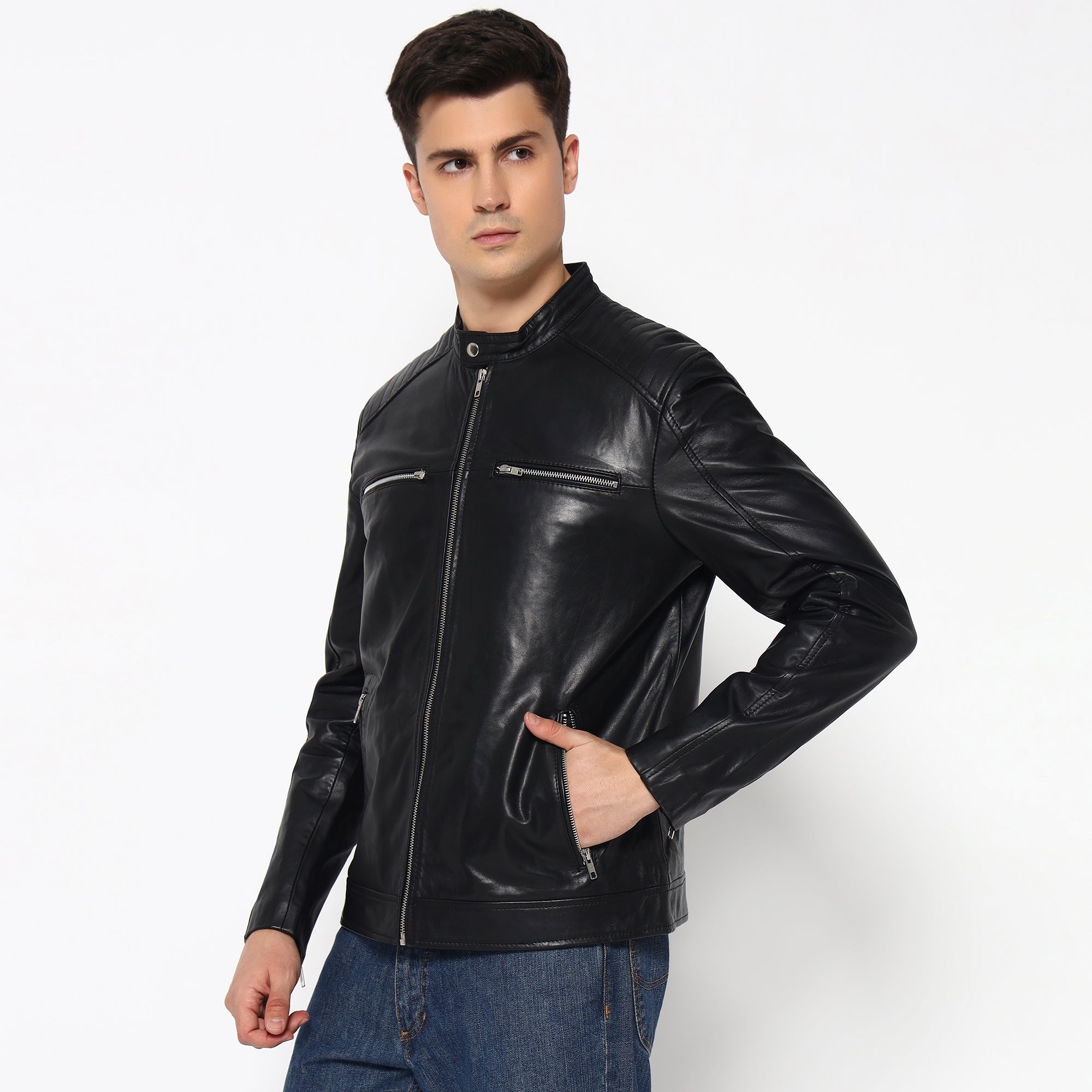 Adventure Black Leather Biker Jacket thumbnail 3