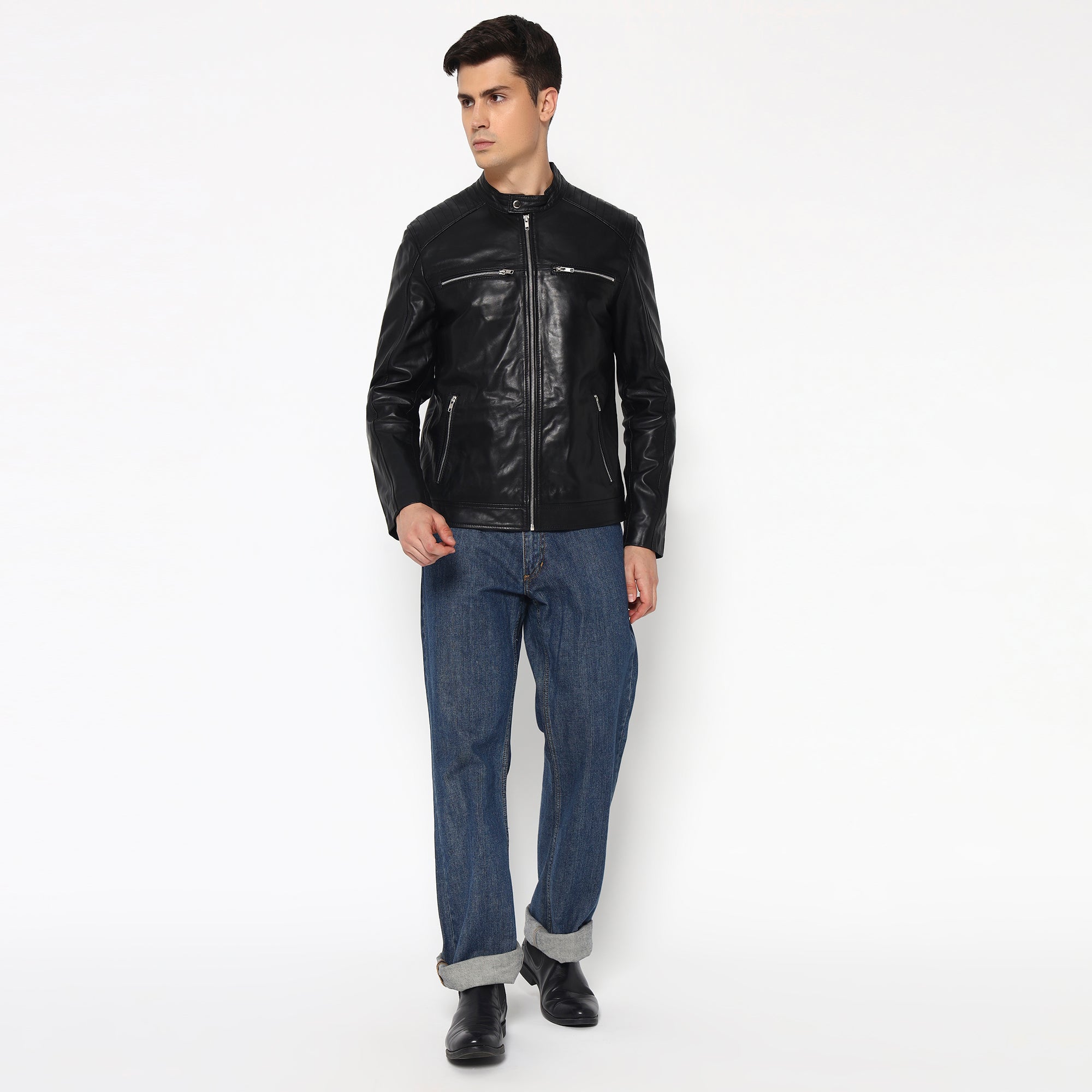 Adventure Black Leather Biker Jacket thumbnail 34