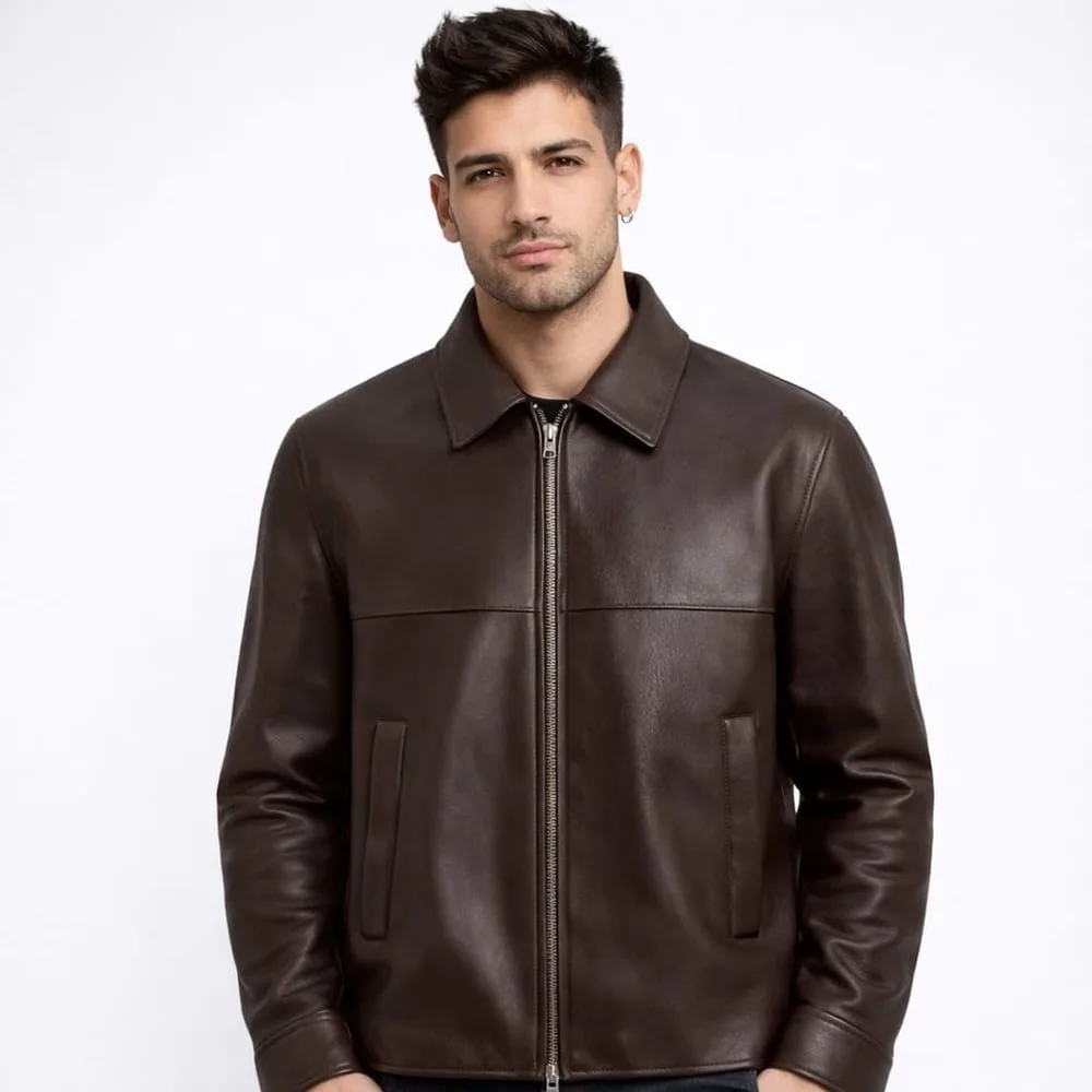 Aman Brown Loose Fit Genuine Leather Jacket for Men