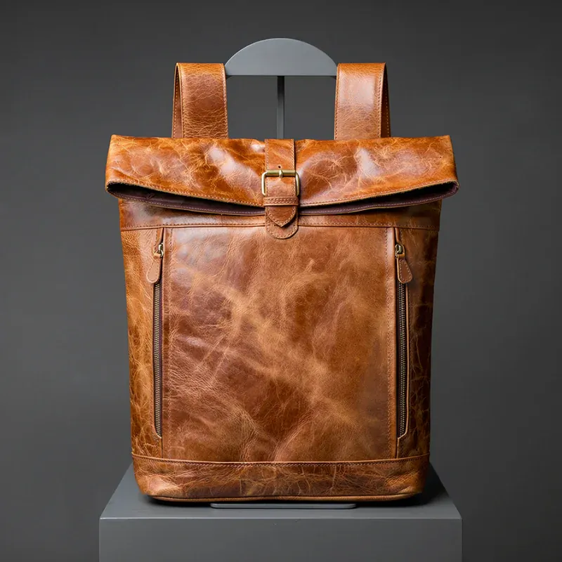 Becko Full Grain Leather Rolltop Backpack - Classic Black Urban Style