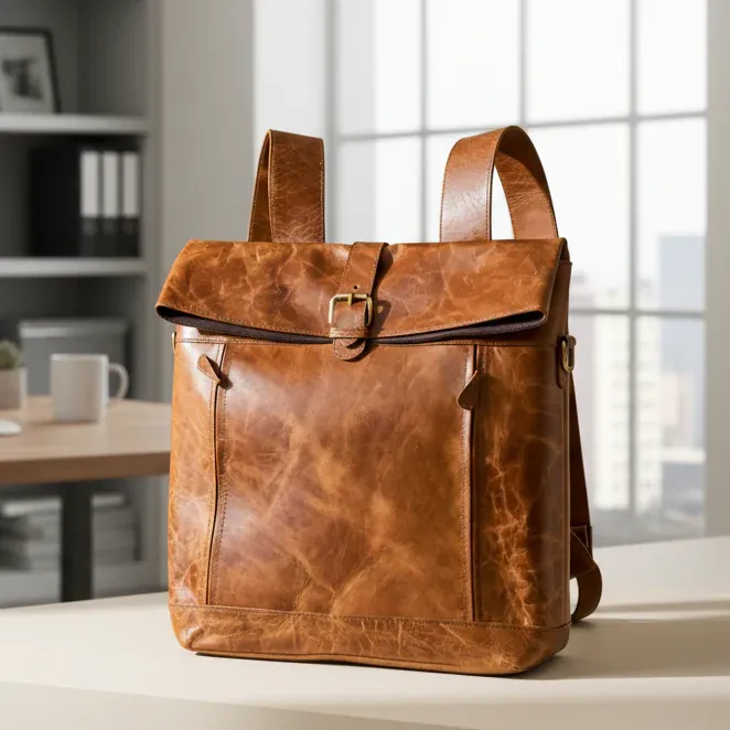 Becko Full Grain Leather Rolltop Backpack - Classic Black Urban Style thumbnail 2