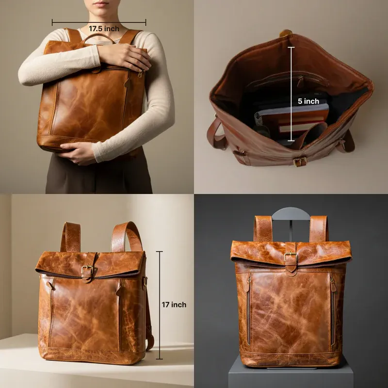 Becko Full Grain Leather Rolltop Backpack - Classic Black Urban Style thumbnail 3
