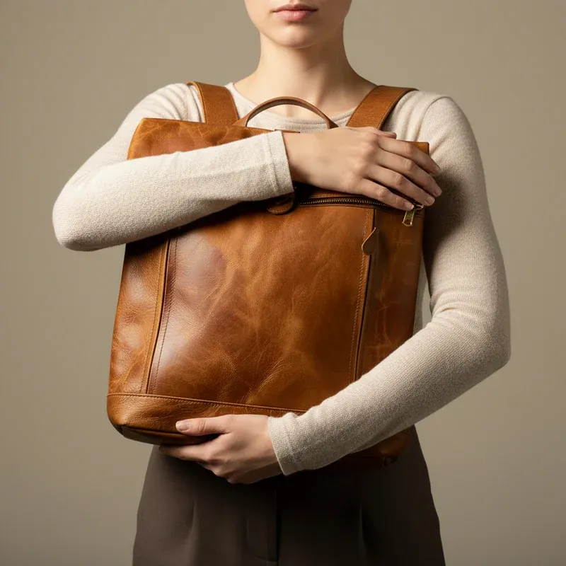 Becko Full Grain Leather Rolltop Backpack - Classic Black Urban Style thumbnail 5