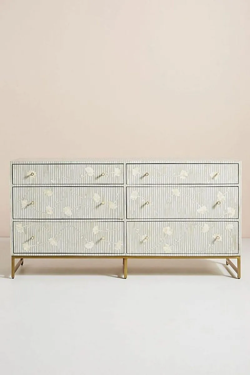 Bone Inlay Chest of 6 Drawers Flower Design Table in Grey Color