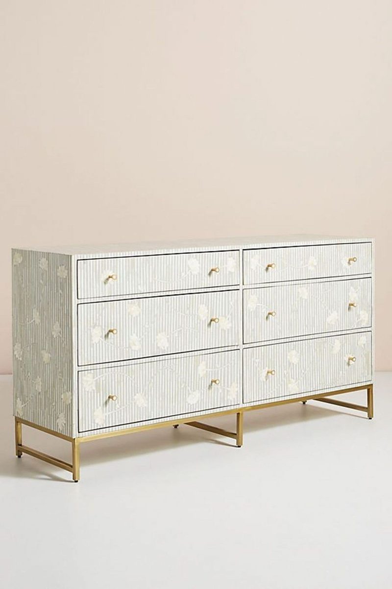 Bone Inlay Chest of 6 Drawers Flower Design Table in Grey Color thumbnail 2
