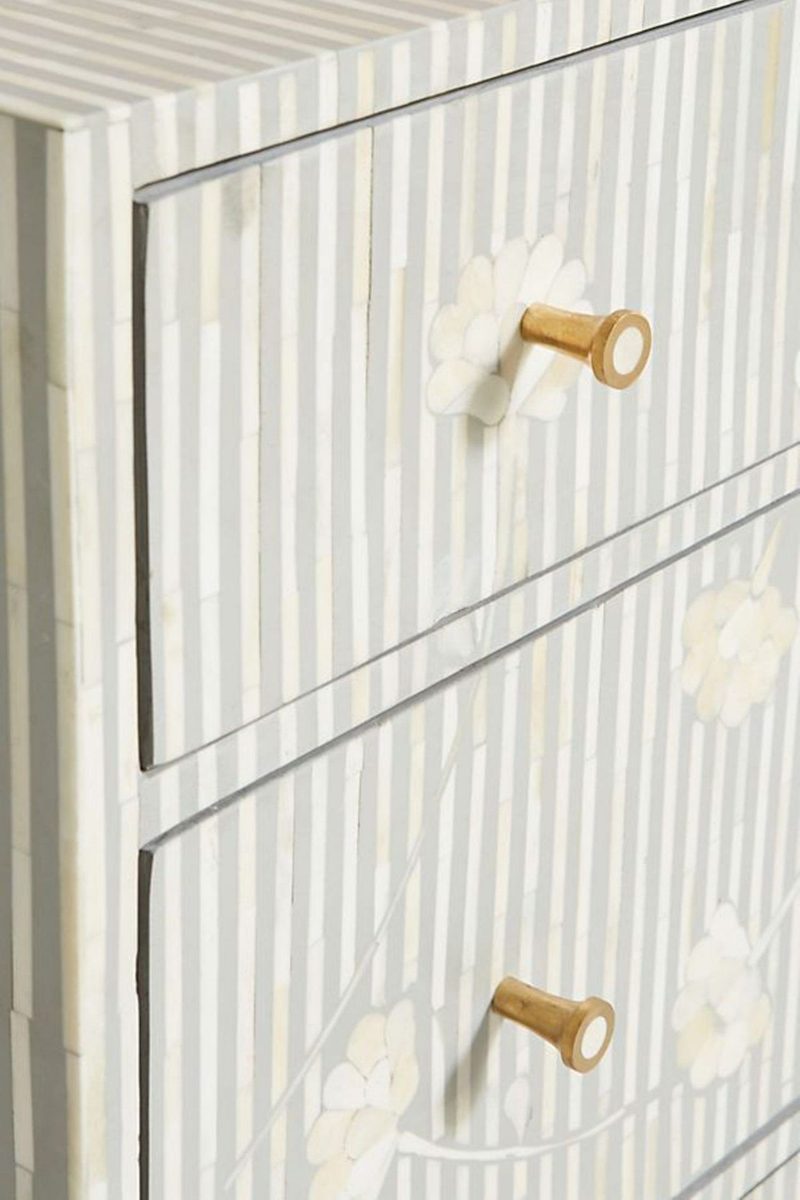 Bone Inlay Chest of 6 Drawers Flower Design Table in Grey Color thumbnail 3